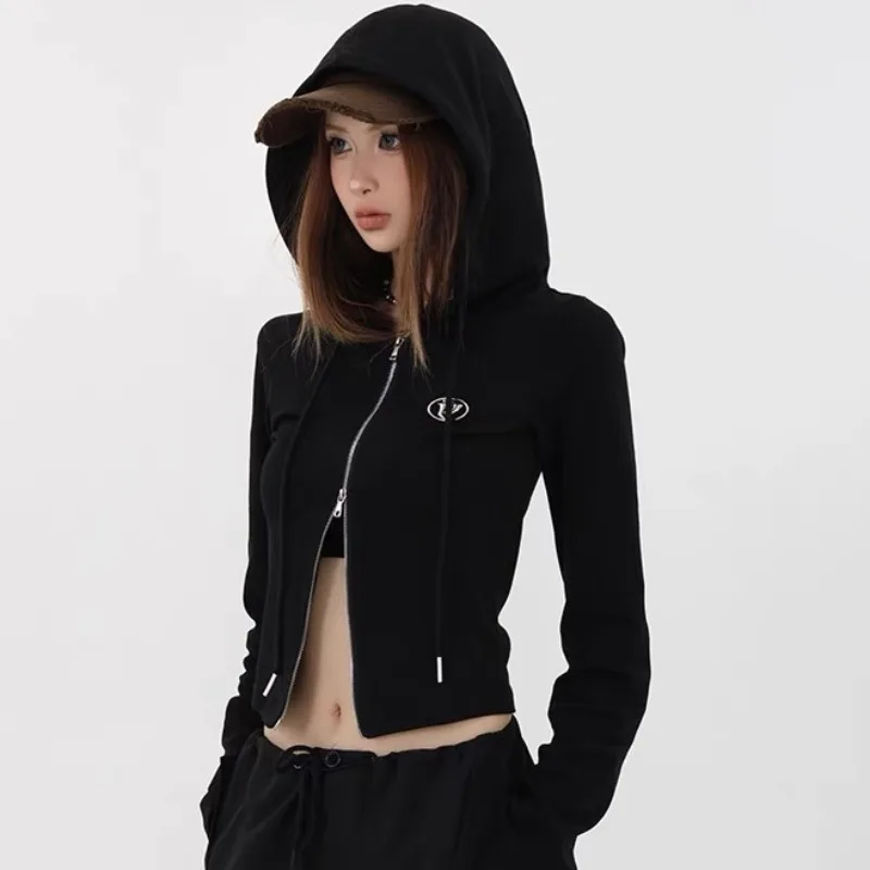 

Spring Autumn New American Retro Hot Girl Slim Hoodie Cotton Zipper Cardigan Short Hoodie Women's Thin Hooded Coats Streetwear