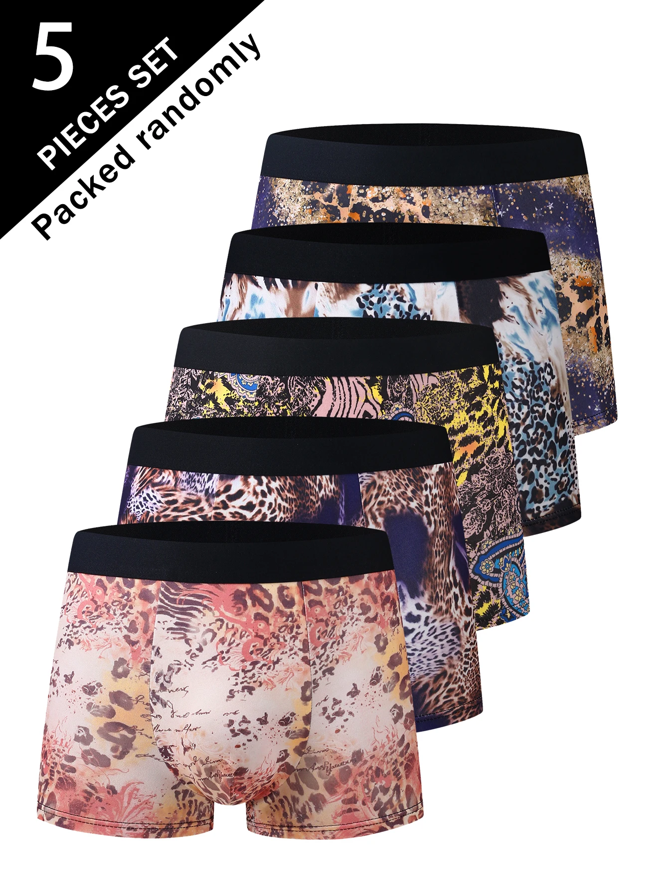 

Набор из 5 мужских трусов-боксеров с леопардовым принтом, средней посадки, с разноцветным цветочным узором, модный анималистический принт