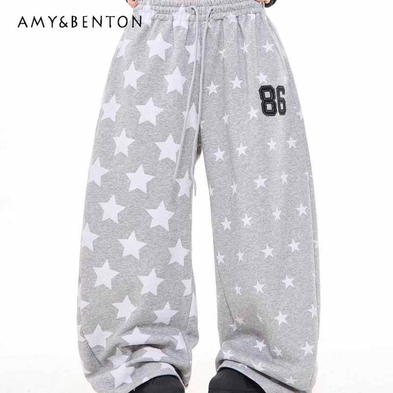 الأمريكية الرجعية ستار طباعة رمادي المرأة Sweatpants 2025 الخريف جديد فضفاض الحلو كول واسعة الساق الرياضة عادية الطابق بنطلون السيدات #1