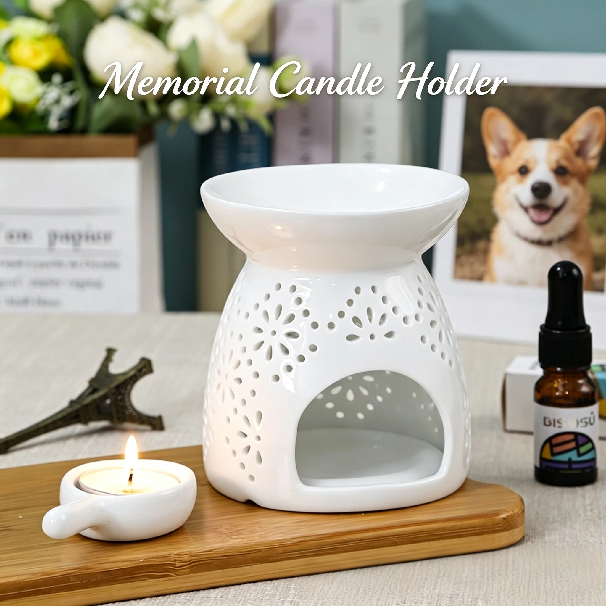 C4 Hollow Out Ceramic Wax Melt Burner Pet Memorial Candle Holder, Warm Light Remembrance Gift for Beloved Pets