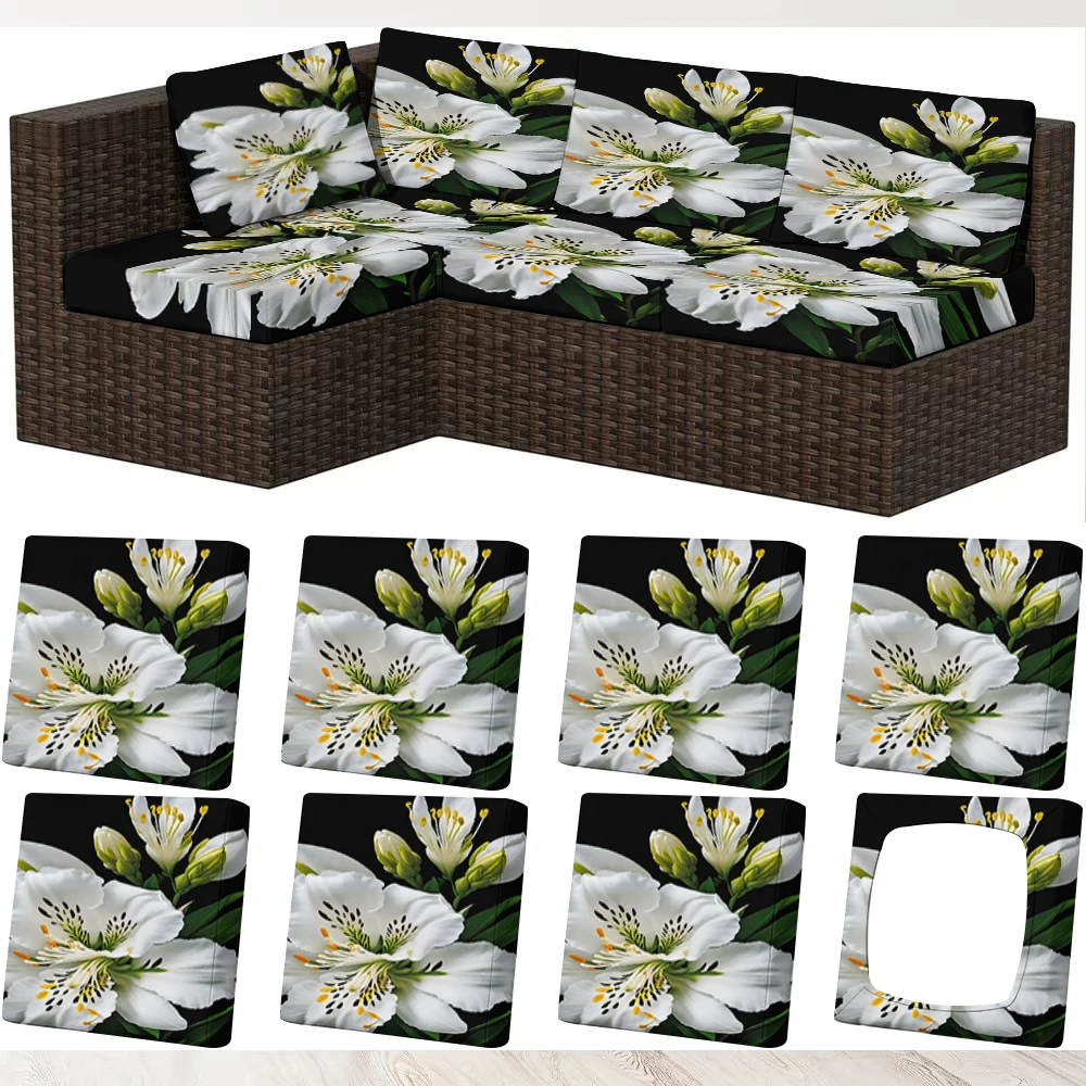 Summer Outdoor Sofa Cover with White Lily Floral Print, Milk Silk Fabric, Elastic Fit for Indoor/Outdoor Use