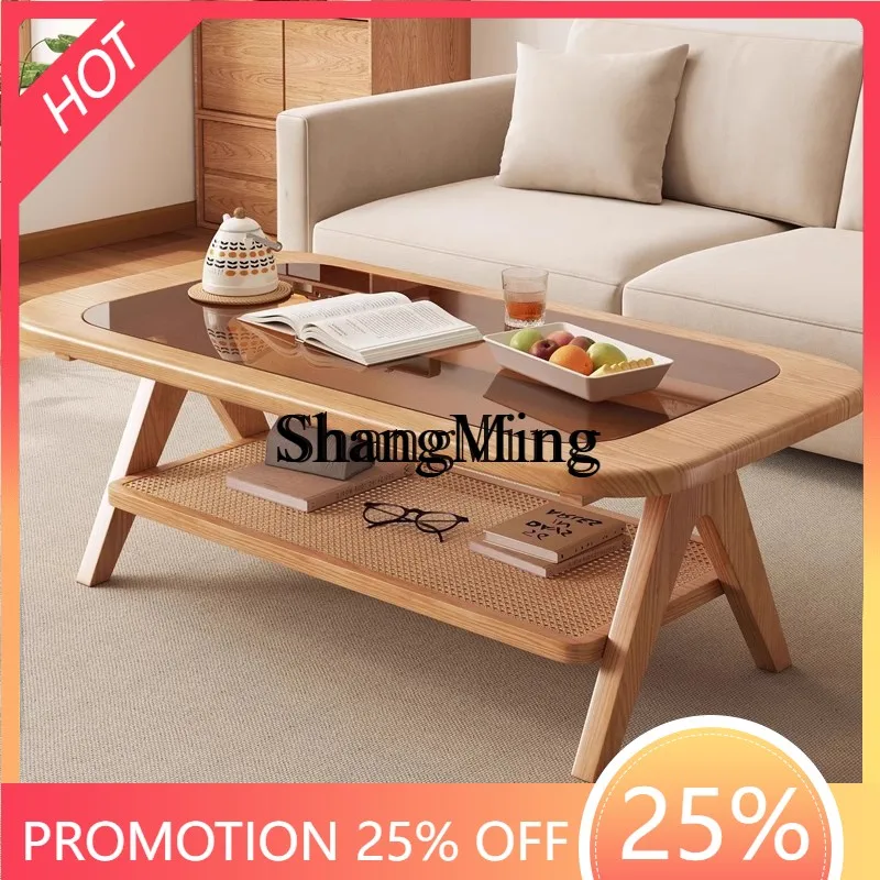 FG طاولة القهوة الخشبية الصلبة غرفة المعيشة المنزلية طاولة شاي الروطان الراقية شقة صغيرة شرفة طاولة شاي