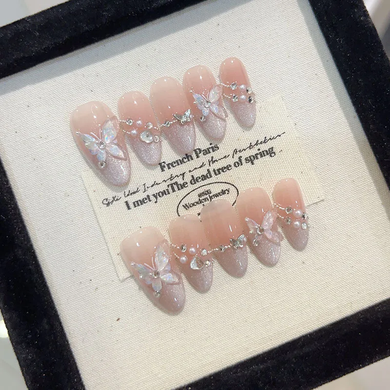 10Pcs Handmade Press on Nails Full Cover Shiny Aurora Cat Eye Butterfly Rhinestones False Nails French Almond Wearable Manicure