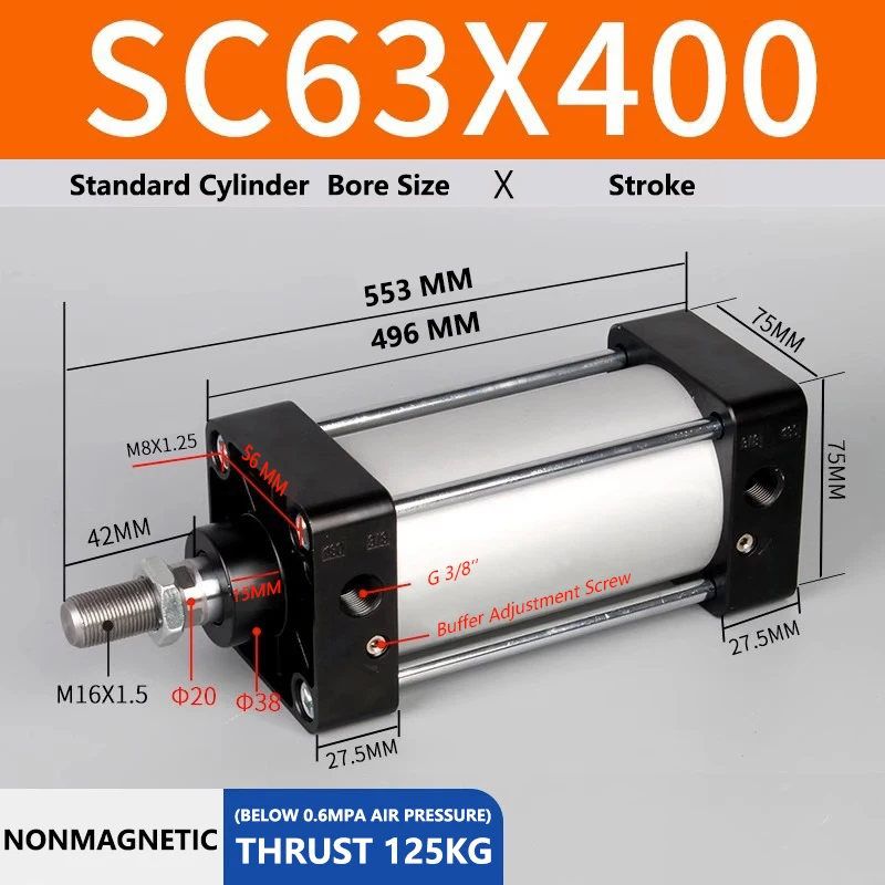 ABILKEEN SC63X400 Standard Pneumatic Cylinder 63mm Bore Size X 400 MM Stroke Double Acting Air Standard Cylinder