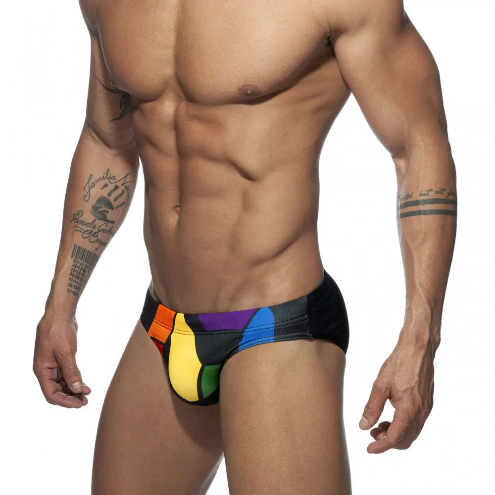 Swimwear Men Sexy Rainbow Letter Printed Low Waist Swim Briefs Swimsuit Gay Beach Trunks Shorts Male With Removable Pack-Up Pad