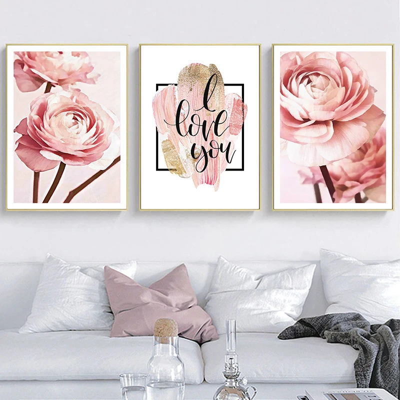 

3Pcs /Set Nordic Pink Floral Wall Art Printed Canvas Painting Posters, Picture Wall Decorations Living Room Bedroom Home Decor