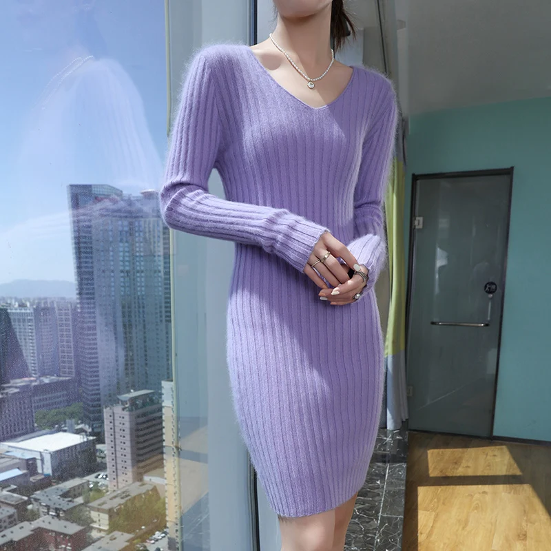 

Тонкий мягкий 100% норковый кашемировый эластичный свитер, пуловер, женский трикотаж с v-образным вырезом и длинными рукавами, базовое элегантное теплое длинное платье