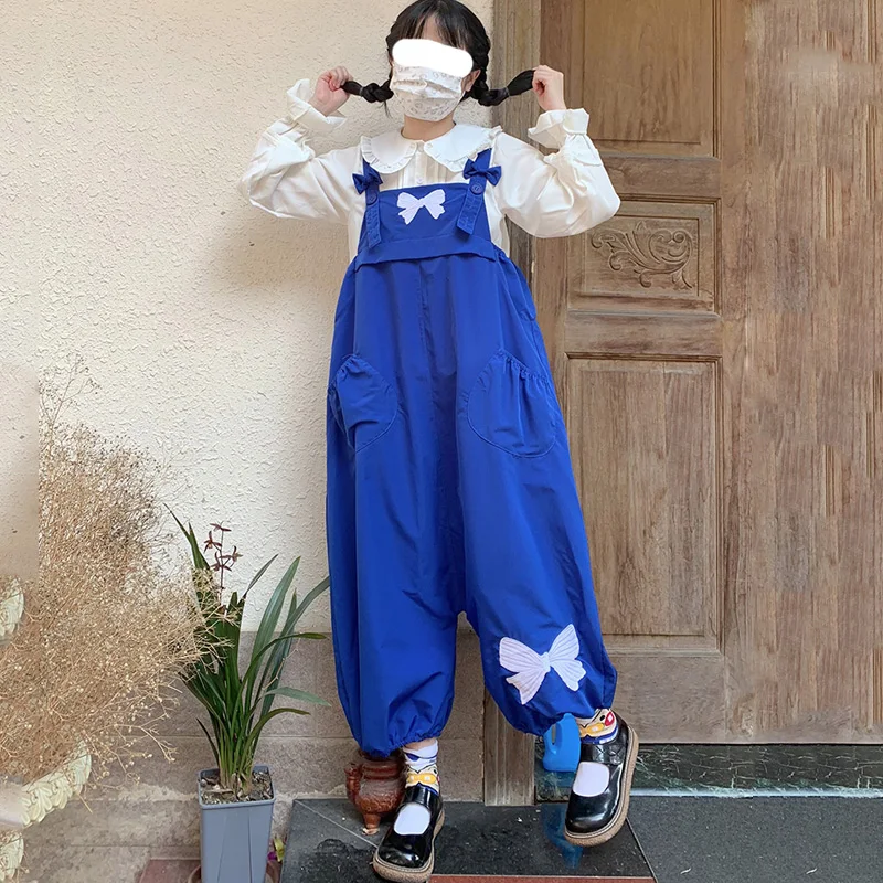 

Harajuku Fashion Cargo Women Harem Pants Kawaii Bow Girls Overalls Streetwear Vintage Cute Jumpsuit Casual Blue Wide Trousers