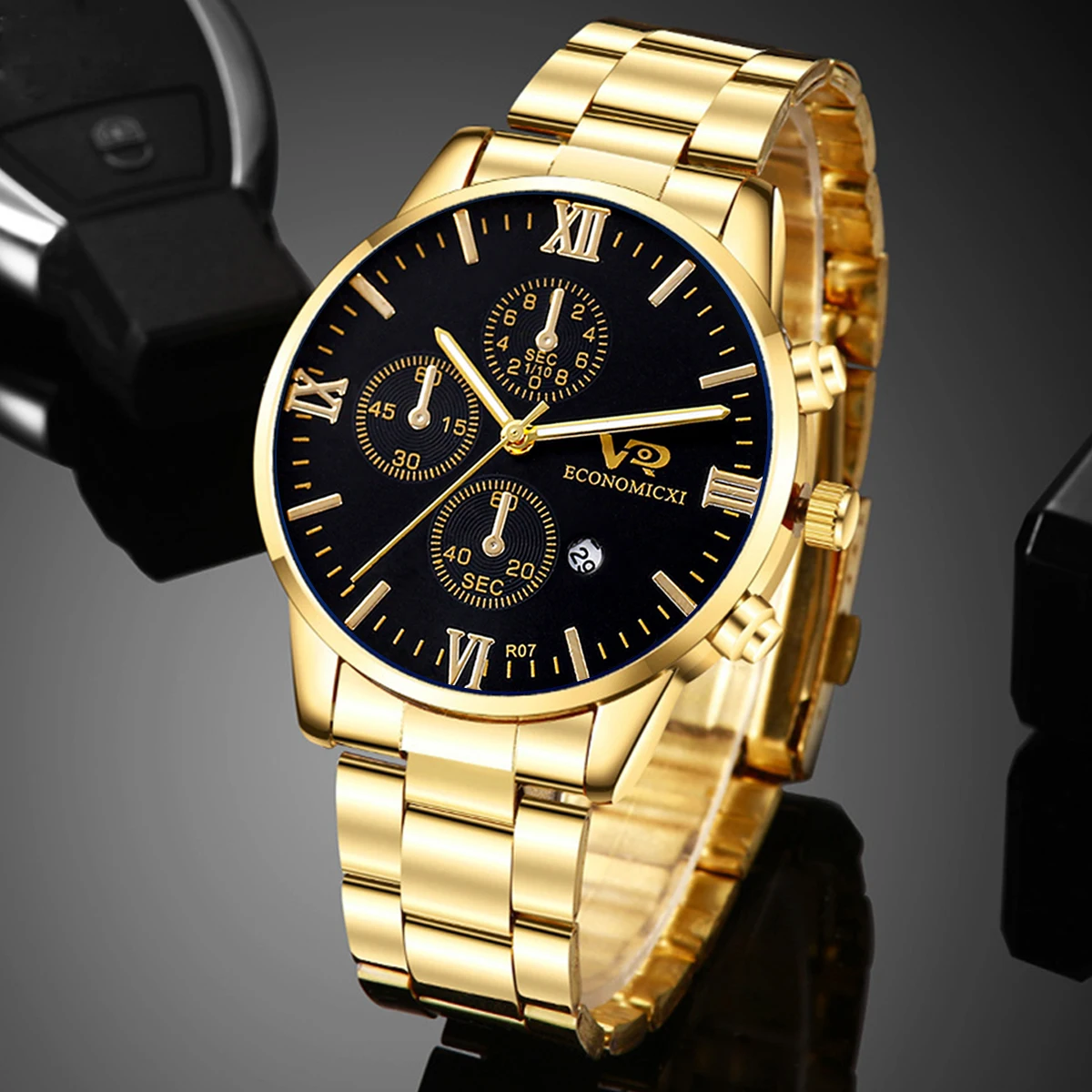 2Pcs Men\'s Fashion Business Casual Three Eyes Calendar Luminous Digital Steel Band Quartz Watch Alloy Bracelet Set