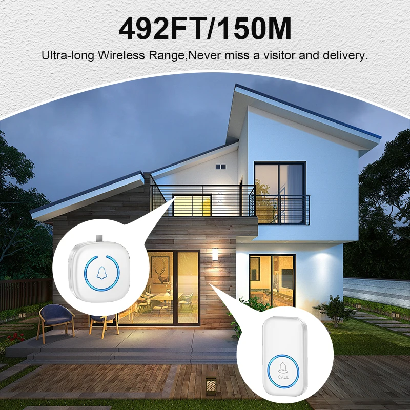 MINI Wireless Smart Doorbell Home Welcome Door Bell 150M/492 FT Remote 60 Songs Type-C Wireless Doorbell For Office Factory Shop