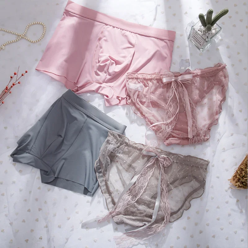 

2pcs Ice Silk Couples Panties Sexy Lace Women Briefs Underwear Lovers Men's Boxers Short Love's Underpants