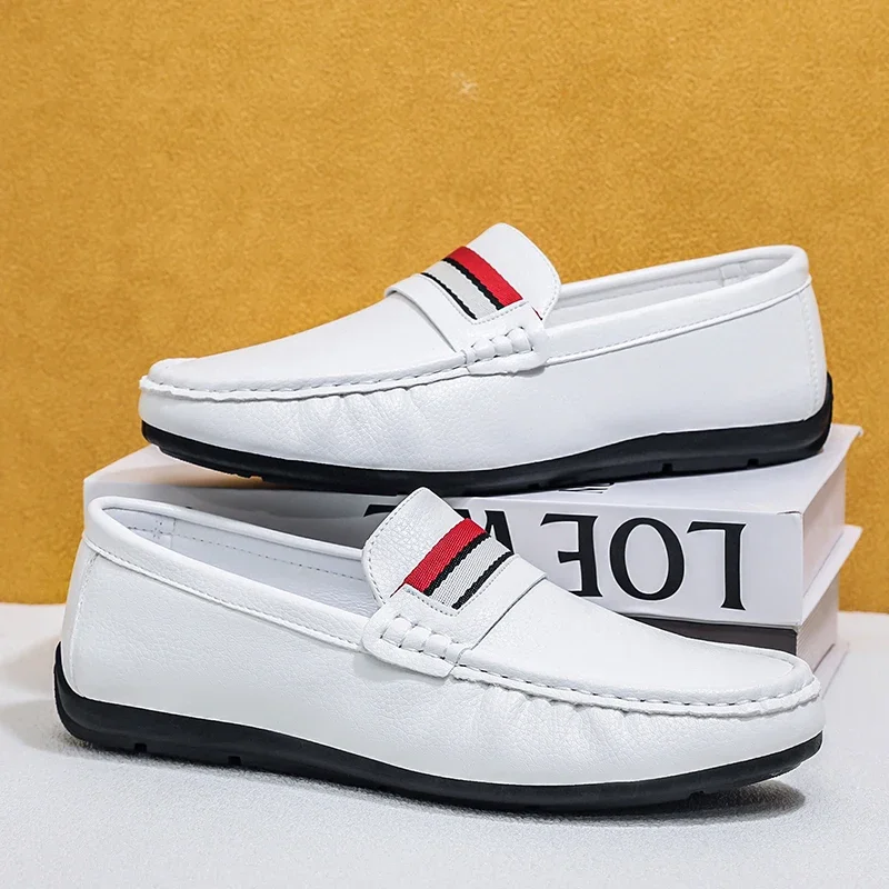 Fashion White Loafers For Men Slip-on Shoes Comfortable PU Leather Casual Shoes Man Flat Shoes Lightweight Men's Driving Shoes