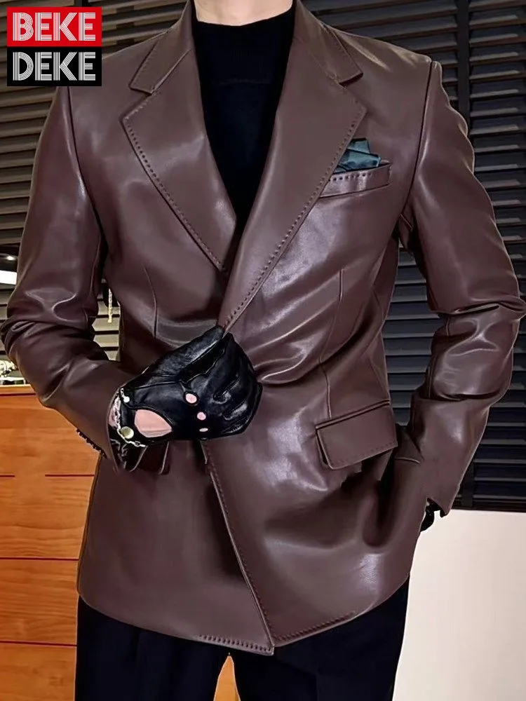 

Men Slim Fit PU Leather Suit Jacket Single Button Solid Color Casual Retro Blazers Long Sleeve Outerwear Notched Collar Coats