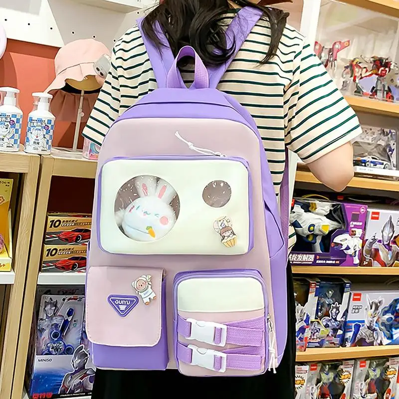 Cute Backpack Set For Girls Aesthetic School Backpacks With Pins And Plush Pendants 5 Piece Large Capacity Waterproof Bag