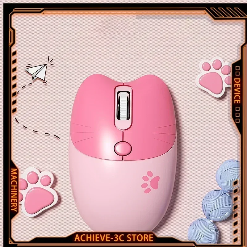 Cute Cat 2.4G Wireless Mouse Cat Model Dual Mode Silent Mouse 3 Adjustable DPI Compatible with Laptop PC Computer Girl Mouse