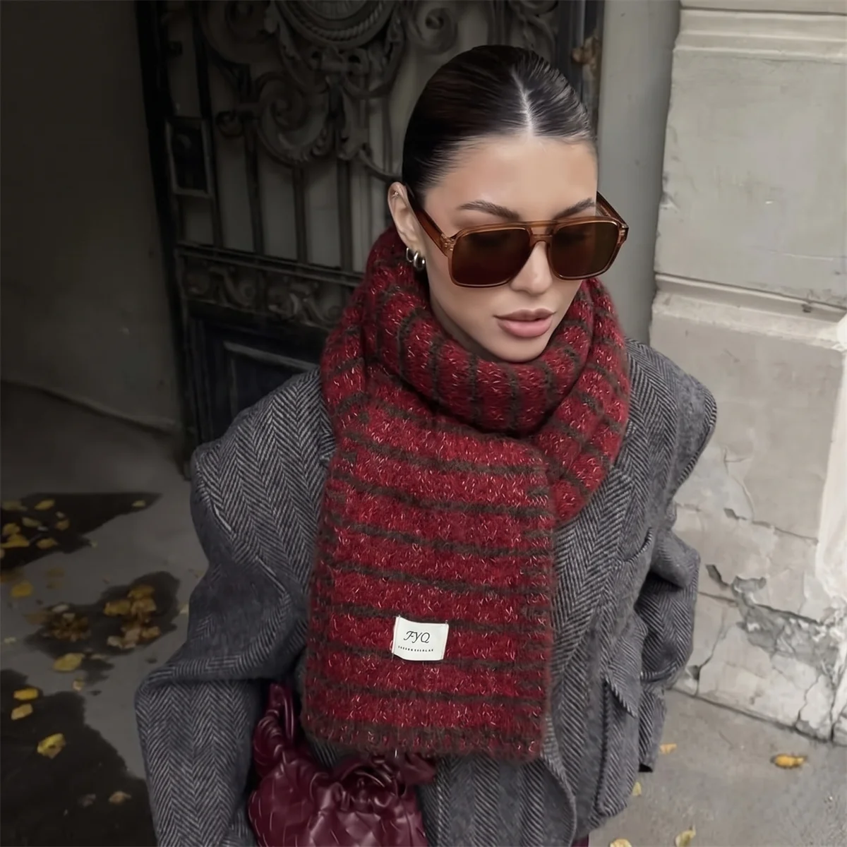 Long Horizontal Striped Scarf For Ladies Wool Blend Knit Scarf Soft Cozy Thick Neck Wrap Vintage Everyday Wear Warm Shawl Scarf