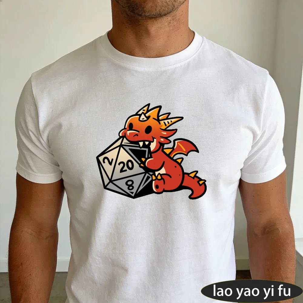 Men's Cute Red Baby Dragon Biting D20 Dice Graphic T-Shirt Kawaii RPG Casual Tee Gamer Streetwear for D&D Fans