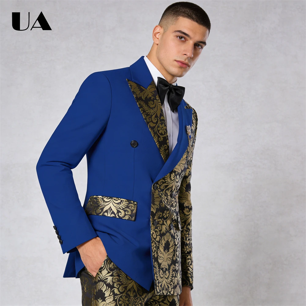 Gold Paisley 2-Piece Suit Set Double Breasted Suit Jacket Pants Stage Costume Tuxedo Plus Size Men's Formal Tuxedo