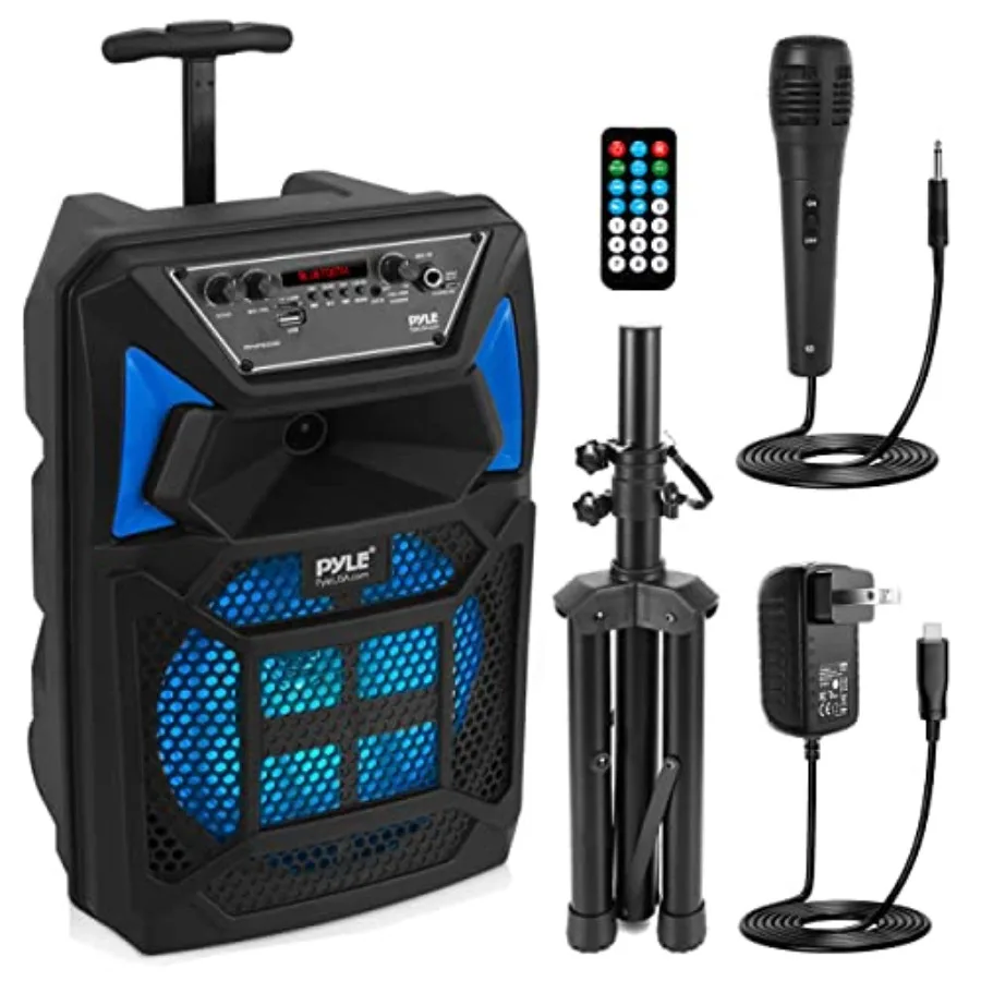 

Bluetooth PA Speaker and Microphone System - Portable Karaoke Speaker with Wired Mic, Built-in LED Party Lights, FM Radio, MP3/