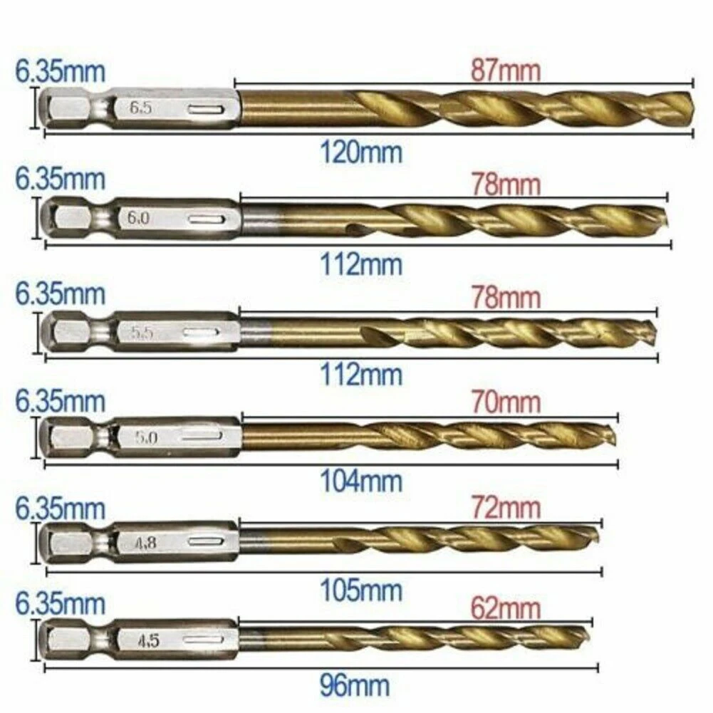 16Pcs HSS Titanium Coated Drill Bit Set 1.5mm-6.5mm 1/4inch Hex Shank High Speed Steel Twist Drill For Metal Wood Plastic