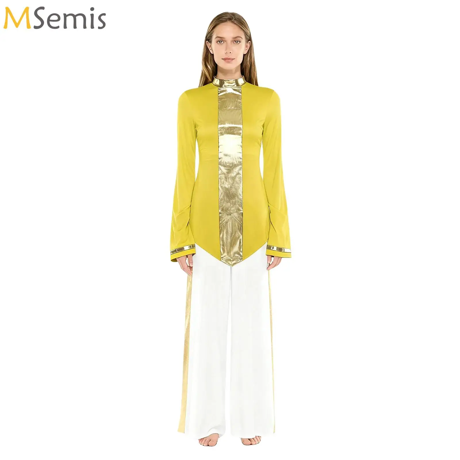 

Women Liturgical Dance Outfits Flared Long Sleeve Contrast Color Lyrical Dance Shirt Dress with Metallic Patchwork Wide-Leg Pant