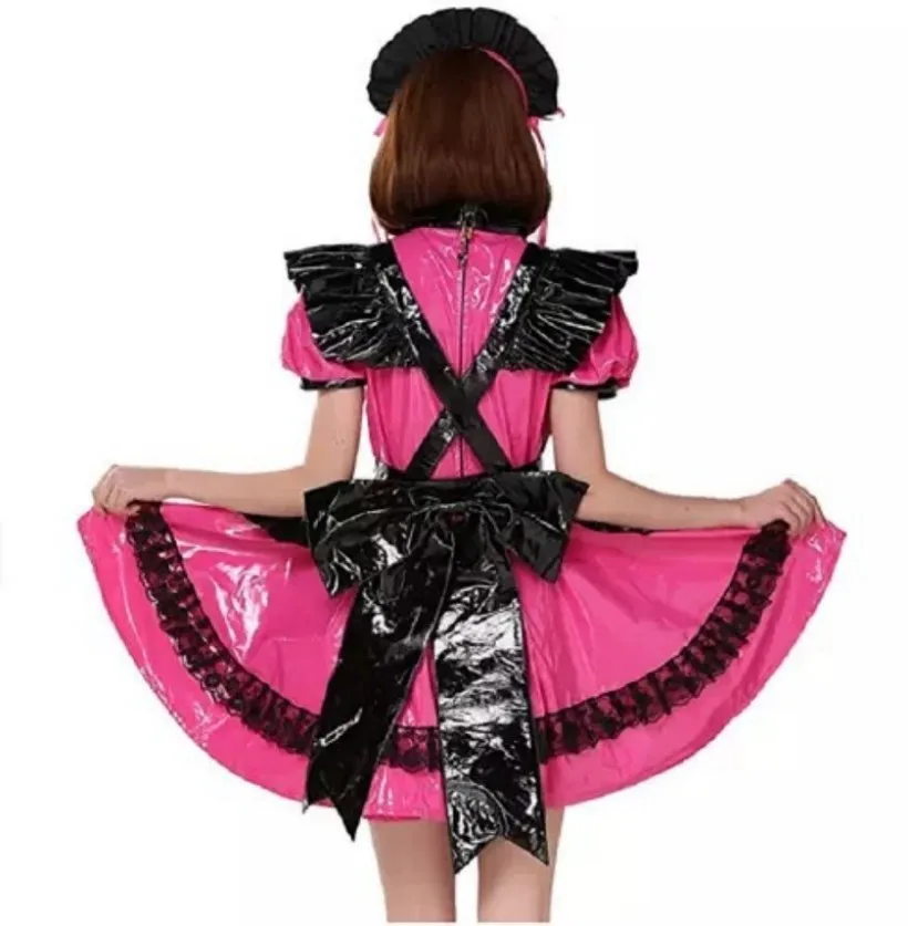 Sissy Black Red Sexy PVC Maid Lockable Dress Cosplay Customized Halloween