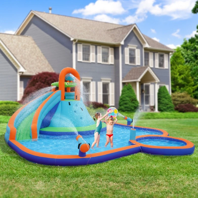 

4-in-1 Bounce House Water Park Jumping Castle with Water Pool, Slide, Climbing Walls, & 2 Water Cannons, 450W Air Blower