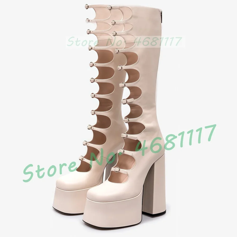 Strappy Platform Boots Women High Block Heels Stylish Multi Buckle Straps Roman Shoes Ladies Sexy Hollow Rock Style High Boots