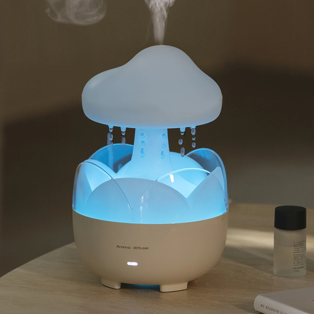 Humidifier with Raindrop Simulator, - Large Capacity, Silent Moisturizing, Remote Control, Aroma Function, Water Shortage Protec