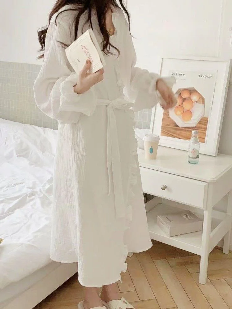 Bathrobe Women Ruffles Long Sleeve Korean Style Sweet Robe White Elegant Spa Lady Spring Autumn Home Dressing Gown Robes Pajamas