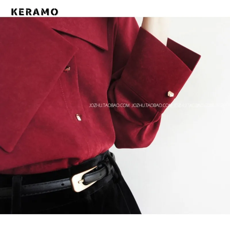 Korean Casual Style Peter Pan Collar Red Long Sleeve Solid Color Blouses 2024 Spring Women Single Breasted Luxury ELegant Shirts