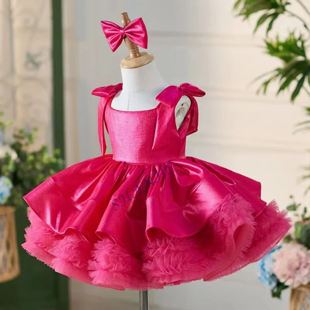 Abito da bambina con colletto quadrato in raso verde elegante personalizzato, lunghezza al ginocchio, principessa, matrimonio, compleanno, festa, abito da ballo