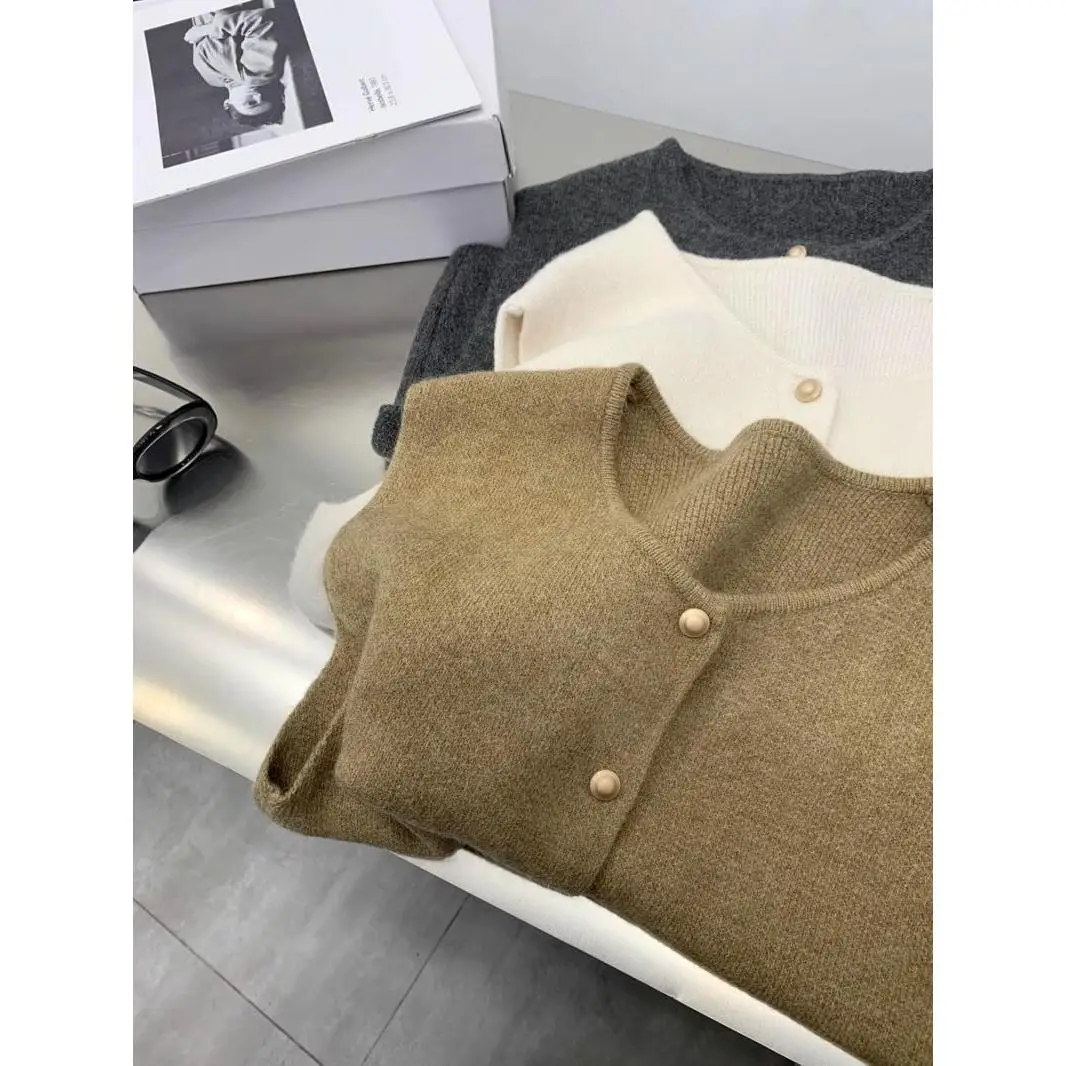 سترة نسائية محبوكة مستديرة سترة طبقات فضفاضة تناسب الخريف والشتاء Faion تخفيف Sle لون نقي طويل Sve #2