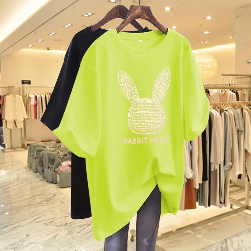Pure Cotton Round Neck Dark Green Pullover T-shirt for Women Summer Letter Rabbit Head Pattern Printed Half Sleeve Midi Tops