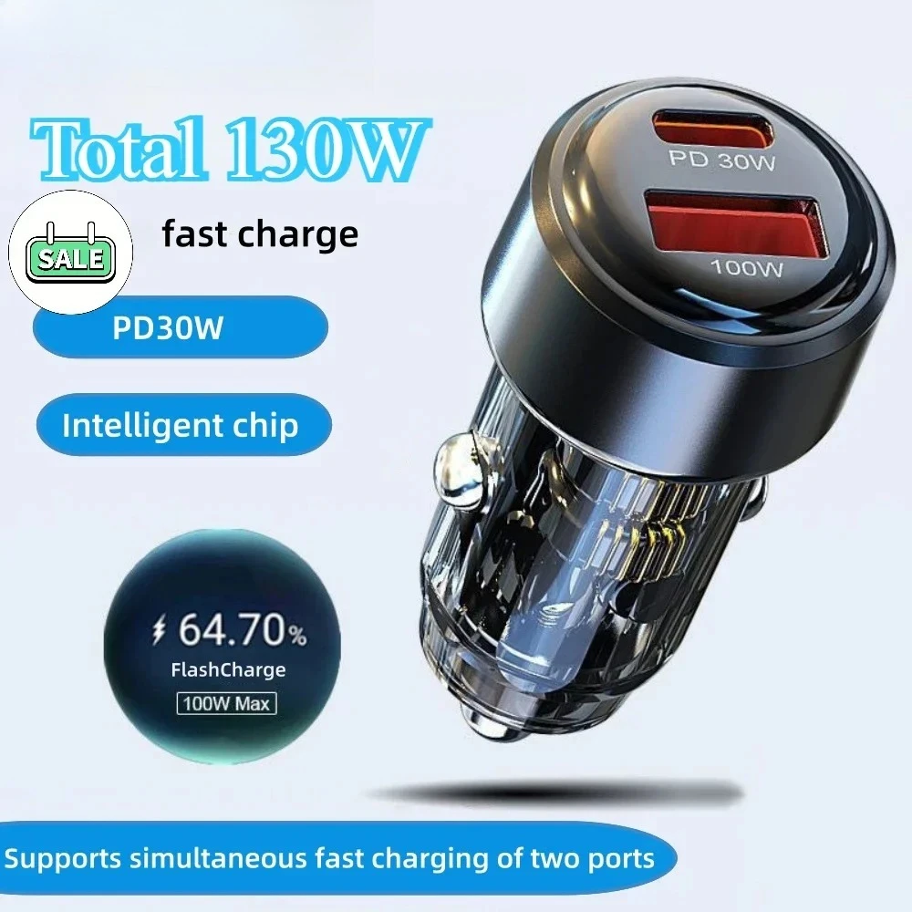 Insgesamt 130W USB-Autoladegerät, Schnellladeadapter mit Typ-C-Anschluss, kompatibel mit iPhone 15, Xiaomi 14, Huawei Mobiltelefonen und Tablets.