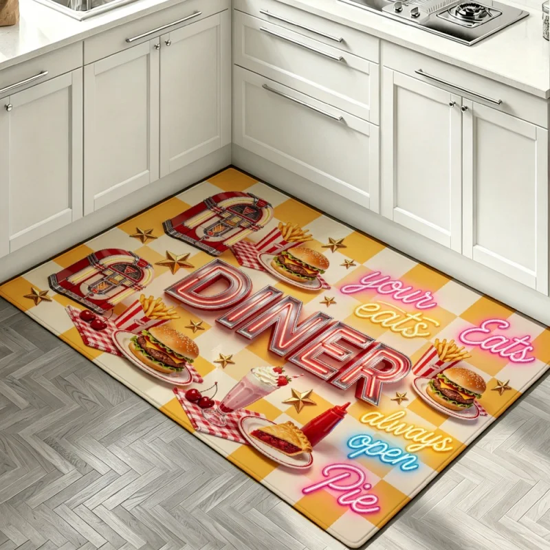 Retro Diner Burger Fries Neon Pattern Door Mat Non-Slip Kitchen Home Decor Floor Rug