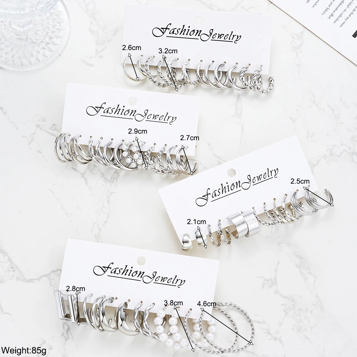 24 Pcs Fashion Vintage Hoop Earrings Set for Women Boho Metal Circle Geometric Twist Pearl Studs Earrings Trendy Jewelry Gifts