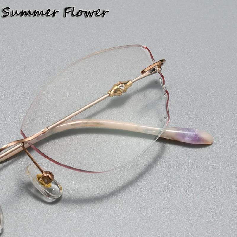 

Women Rimless Eyeglass Cat Eye Fashion Gafas Titanium Elegant Optical Frame Butterfly Eyeglasses for Lady Recipe Lens