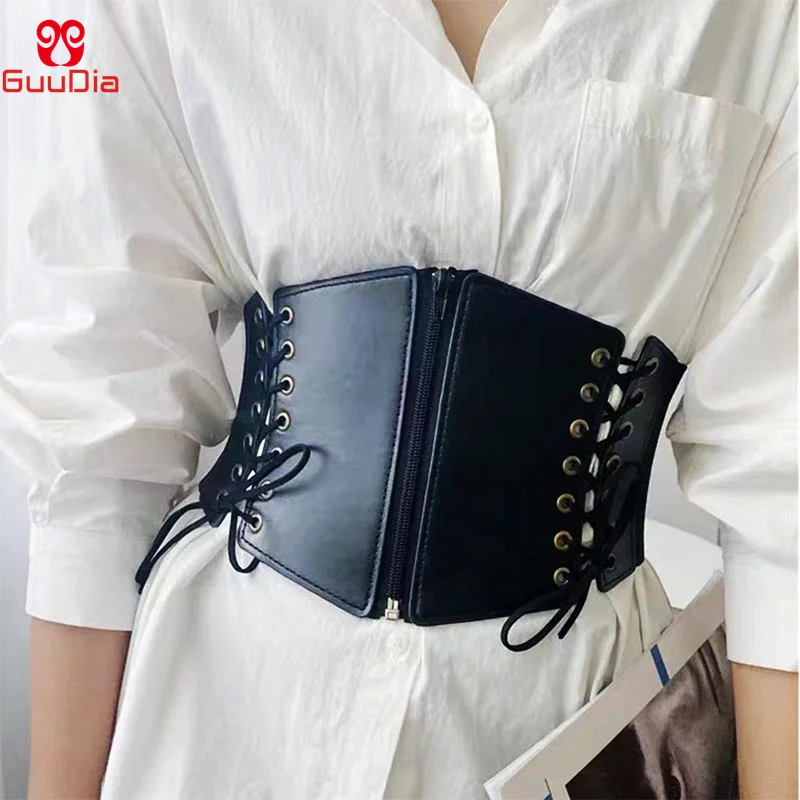 GUUDIA Lace-up Waist Corsets Daily Wearing Underbust Belts Body Shaper Straps Zipper Bustiers Wide Belt Tied Waspie Belt