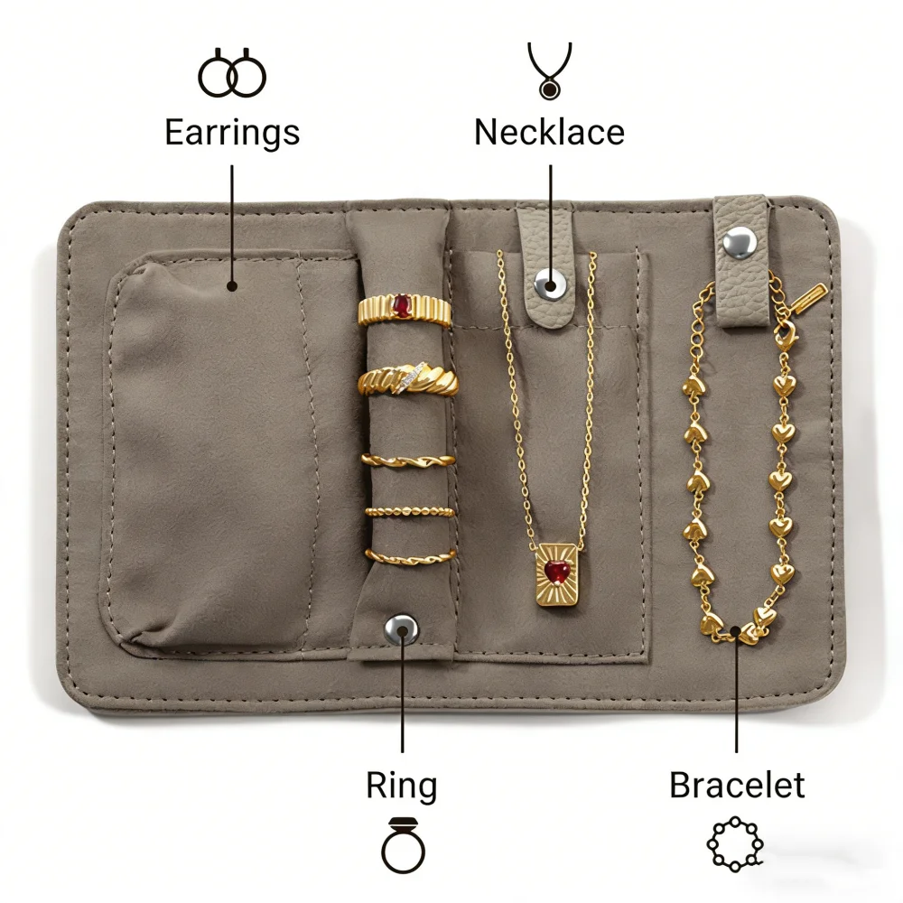 حقيبة لفة المجوهرات بطانة ناعمة من جلد البولي يوريثان حقيبة مجوهرات قلادة تخزين لفة رمادية منظم مجوهرات محمول لمحفظة السفر