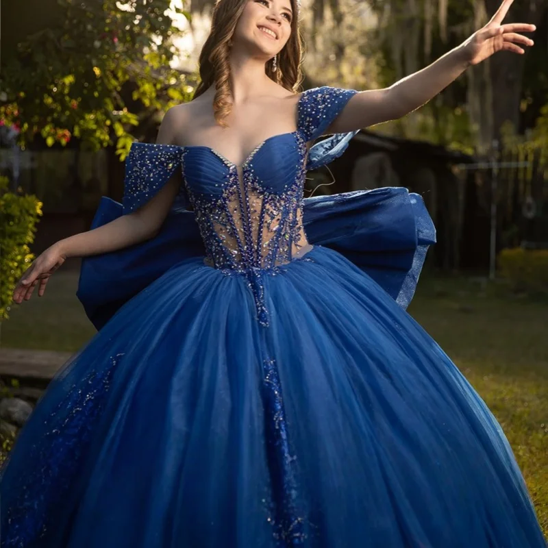 

Dark Blue Quinceanera Dresses Off the Shoulder Glitter 3D Flower Crystal Decal Long tail Bow Vestidoe 15 Quinceanera Customize