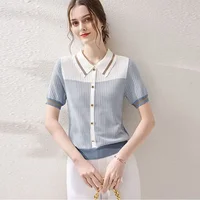 Women's Polo Shirts Button T-shirts Knitted Slim Female Tee Clothing Trend 2025 Cheap Tops Korean Style Synthetic Luxury Youth
