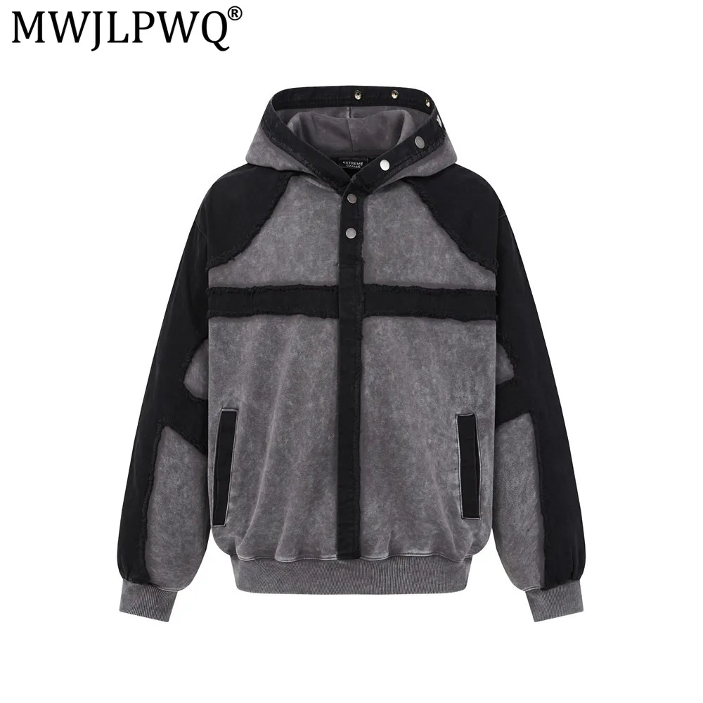 MWJLPWQ Washed Distressed Hooded Sweatshirt Men Punk Style Button-Up Loose Raw Edge Patchwork Design Trendy Spring Autumn 21015