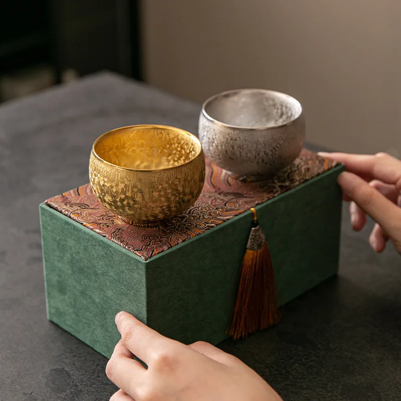 

2Pcs Jianzhan gilt silver teacup household Chinese ceramic retro high-end Jianzhan master cup tea cup gift box packaging