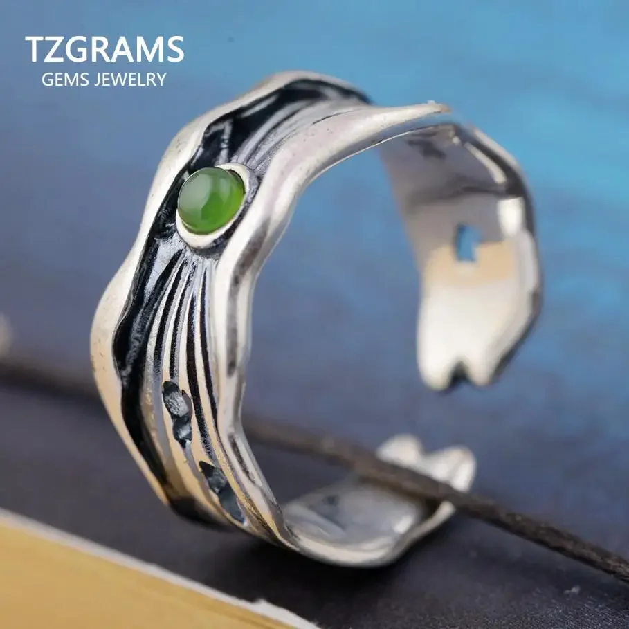 

Открытые кольца из натурального камня, зеленого нефрита для женщин, винтажные ветки дерева, узор, тайское серебро, полый дизайн в форме сердца, изящные ювелирные изделия
