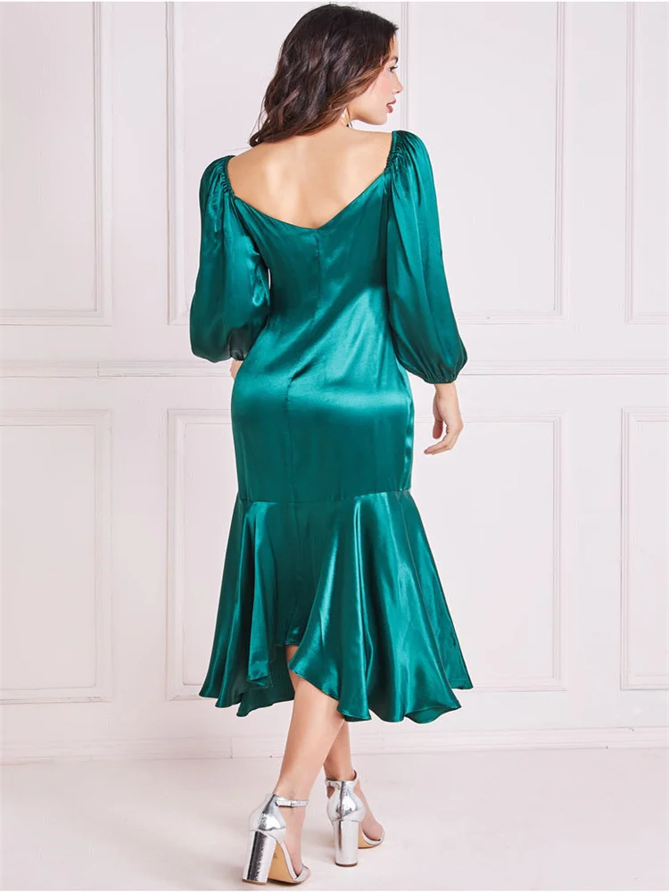 Hot Selling Sweetheart Neckline Long Sleeves Straight Satin Evening Dress Elegant Back Zipper Tea Length Gown For Women 2024