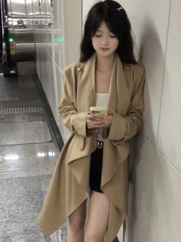 

Корейское уникальное свободное женское пальто цвета хаки Ele Aosphere Faion, верхняя одежда для весны, осени и зимы