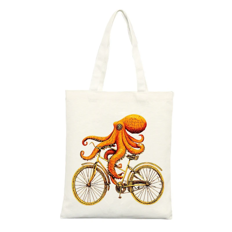 Octopus and Bicycle Graphic Canvas Tote Bag, Artistic Print for Casual Shopping and Daily Use