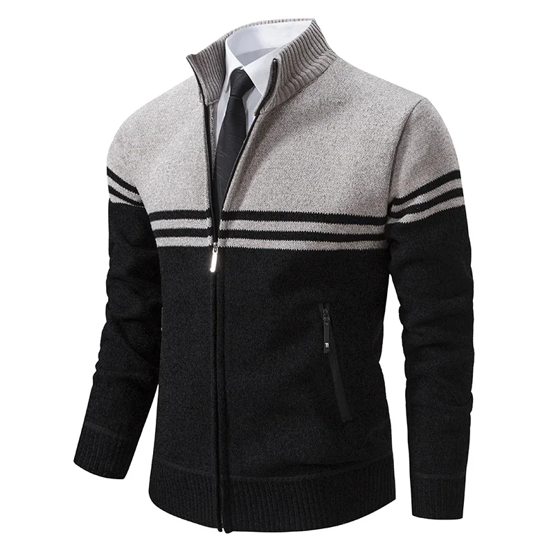 Men\'s New Winter Sweater Thick Fleece Warm Sweater Casual Stand Collar Zipper Cardigan Fashion Striped Coat