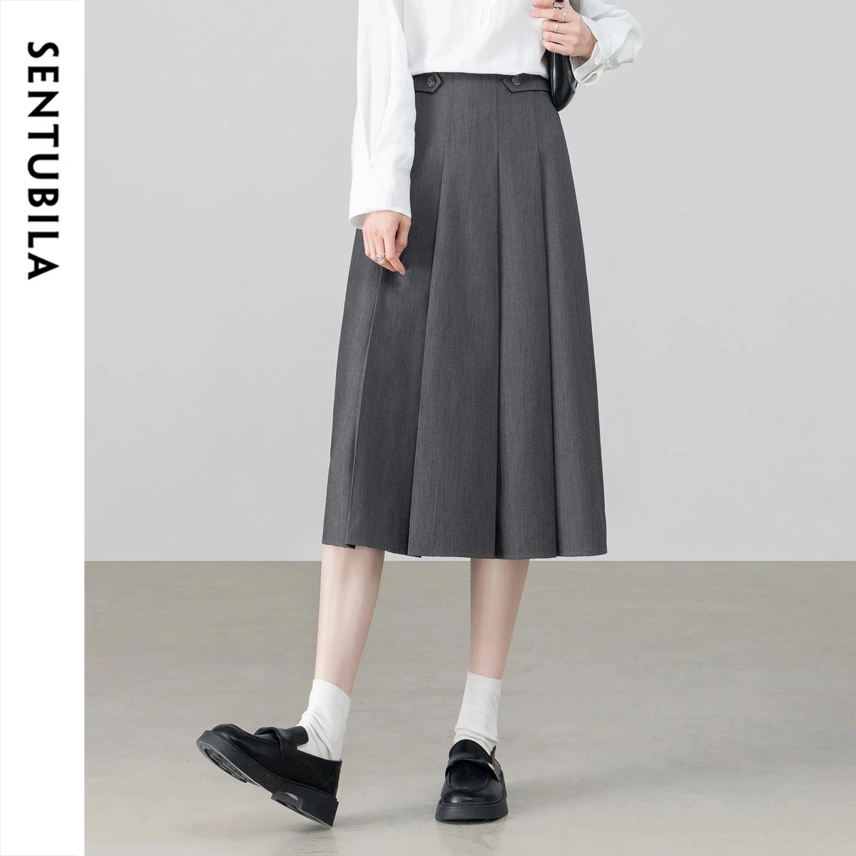 SENTUBILA Women's Acetate Lyocell Wool Pleated Skirt 2026 Summer Intellectual Commuter Gray Midi Skirts Office Lady 162QB6706